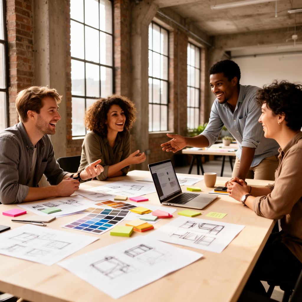 Four creative agency teammates collaborating around a table of sketches and swatches in a sunlit loft
