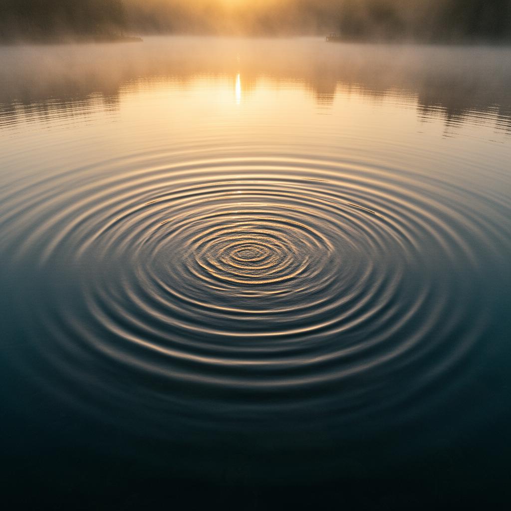 Concentric ripples radiating outward across calm reflective water at dawn