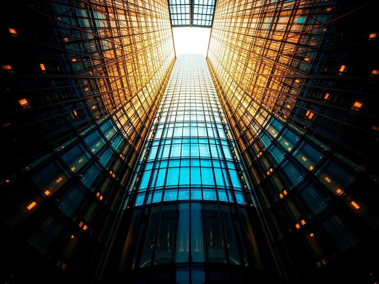 Upward view of a modern glass atrium with golden and blue light